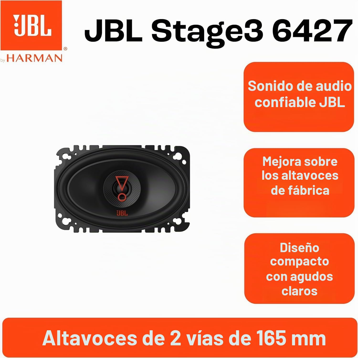 JBL Stage3 6427 - Juego de altavoces coche de 2 vías de Harman Kardon - Altavoz coche de 175 vatios - Echo Auto ovalada JBL de 100 x 152 mm (4"x 6")