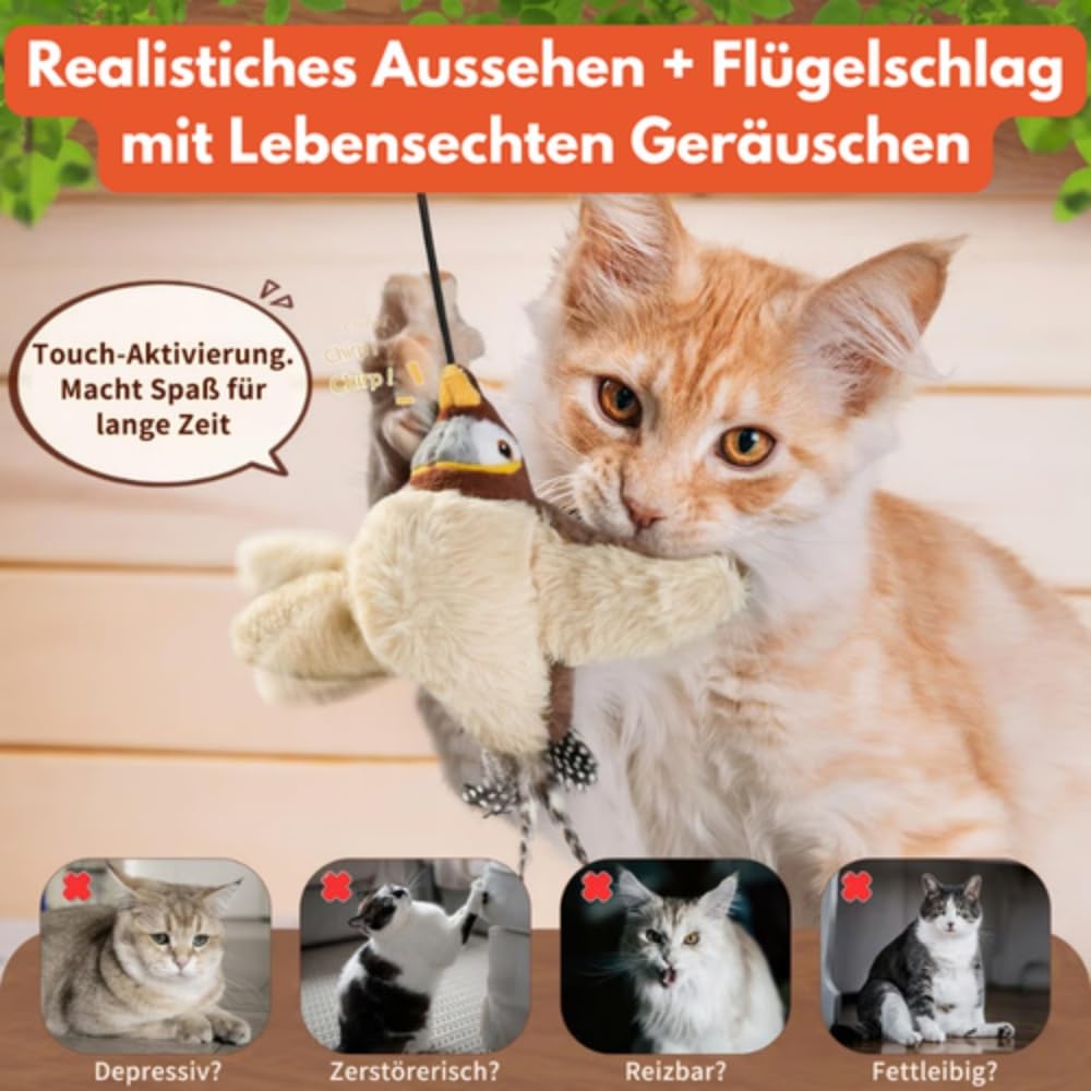 MEIION FlappyBird - flatternder Vogel Katzenspielzeug,Interaktives Fliegendes Vogel Katzenspielzeug mit Chirping, Flapping Flügel, USB - Aufladung