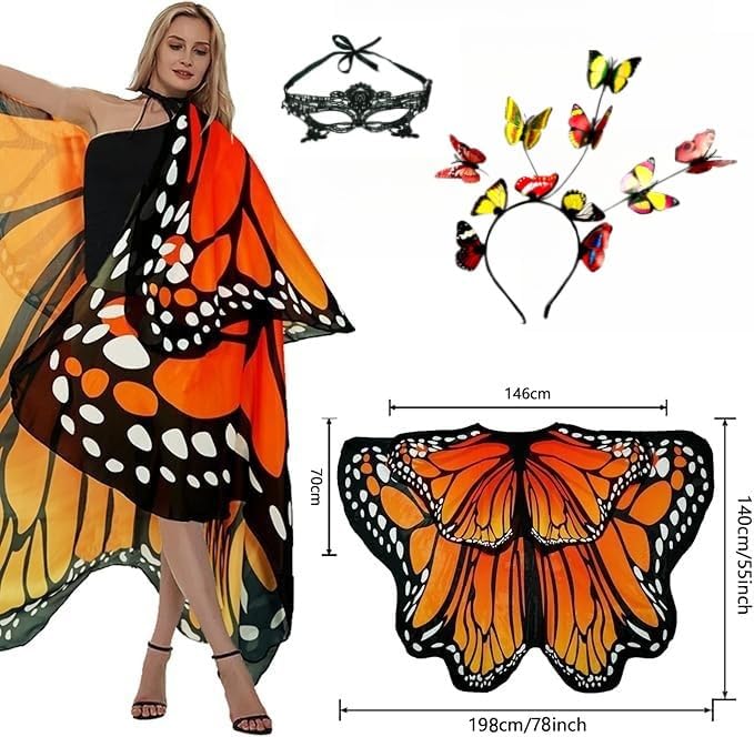 Halloween Butterfly Wings Costume for Womens, Moth Wings Butterfly Cape Adult Costume with Mask & Headband(3pcs) - Image 3