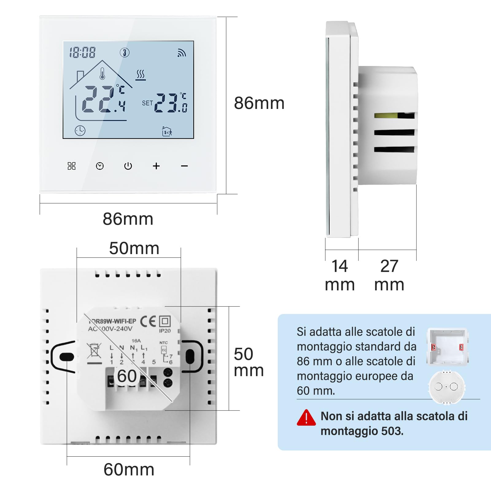 Beok Termostato Wifi Termostati Smart Ambiente per Riscaldamento a Pavimento Dell'acqua Programmabile Regolatore di Temperatura Con LCD, Compatibile Alexa, Google Home 3A TDR89W-WIFI-WP Bianco