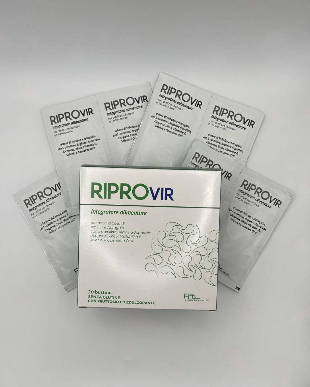 RIPROVIR integratore alimentare in bustine solubili con Tribulus, Astragalo, L-Carnitina, Arginina-Aspartato, Licopene, Zinco, Vitamina E, Selenio, Coenzima Q10. SENZA GLUTINE E LATTOSIO