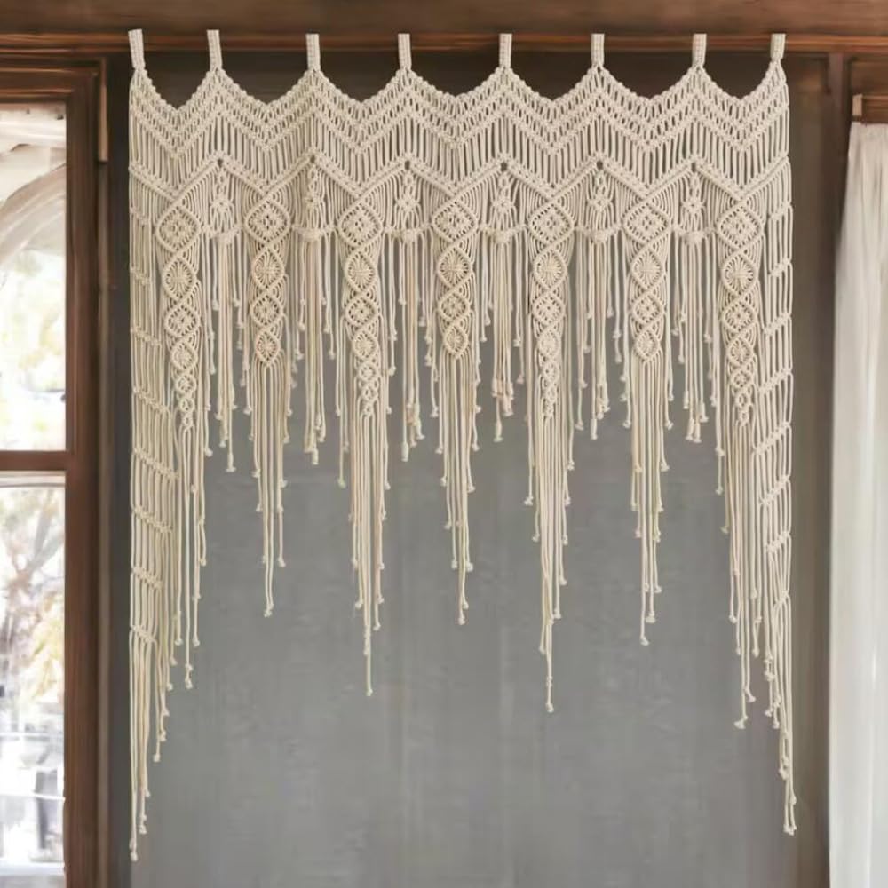 Makramee Scheibengardine Boho-Makramee Vorhang Fenster Tür Wohnwagen Creme