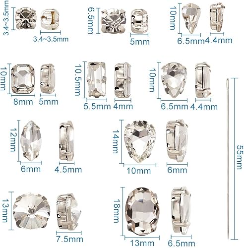 Miniatura 4 de Pandahall - 180 piezas de diamantes de imitación para coser en cristal, forma mixta transparente con agujas de coser de hierro para ropa, ropa,