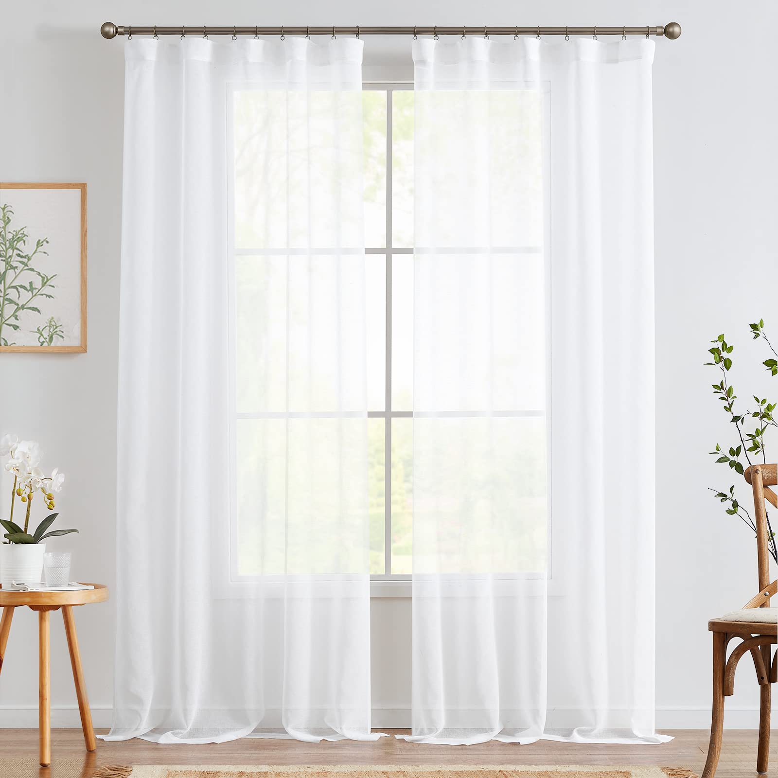 jinchan Sheer Linen Curtains for Living Room 84 Inch Length, Linen Textured Drapes for Bedroom, Light Filtering Farmhouse Window Treatments, Open Weave Curtain Set Rod Pocket, 2 Panels White