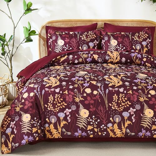 Yiran King Size Comforter Set 7 Piece, Burgundy Floral Bedding