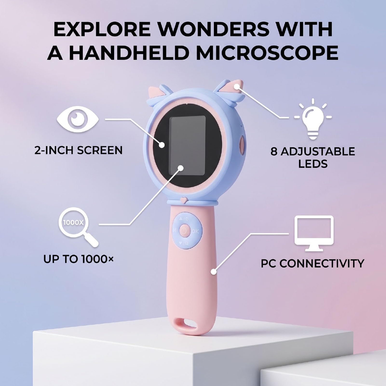 Cocoarm Digitales Kindermikroskop, ABS-Handmikroskop mit 2-Zoll-Bildschirm, 1000-facher Vergrößerung, 8 LED-Leuchten, Foto-Videoaufzeichnung für Im Freien, Lernen und Heimstudium (PINK)