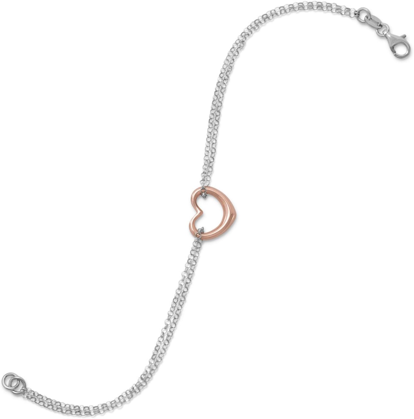 JewelryWeb 925 Sterling Silver Two Tone Double Strand Open Love Heart Bracelet 7.5 Inch Rhodium Plated Sliding 14k Rose Strand Bracelet for Women
