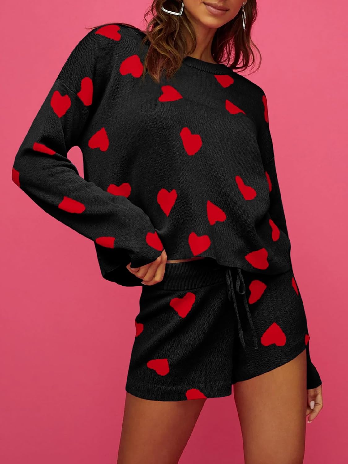 Saodimallsu Womens Valentine's Day Pajama Sets Hearts Print Lounge Set Long Sleeve Sweater and Shorts 2 Piece Outfits - Image 2