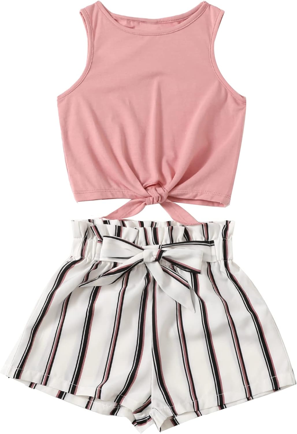 Romwe Girl's Piece Outfit Tie Knot Tank Tops and Striped