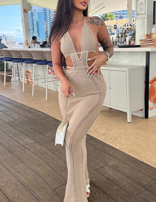Women Crochet Cover Ups Maxi Dress Hollow Out Backless Long Beach Dress See Through Sexy Side Split Sundress3