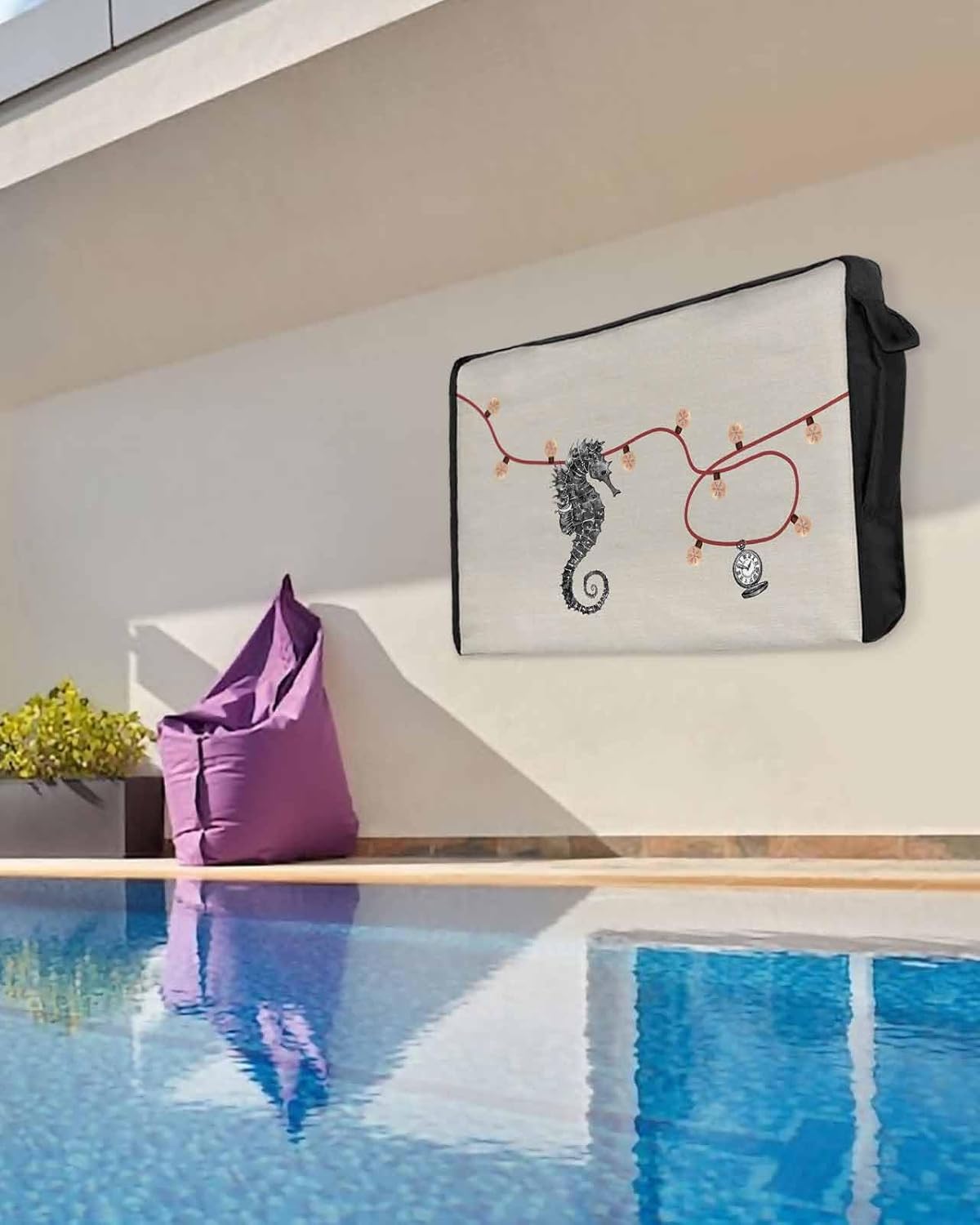Christmas Seahorse Outdoor TV Cover 40"-43" - 600D Waterproof TV Cover Weatherproof TV Screen Protector Dustproof Retro Xmas Pocket Watch Red Line on Burlap TV Display Protector for Flat Screen TV