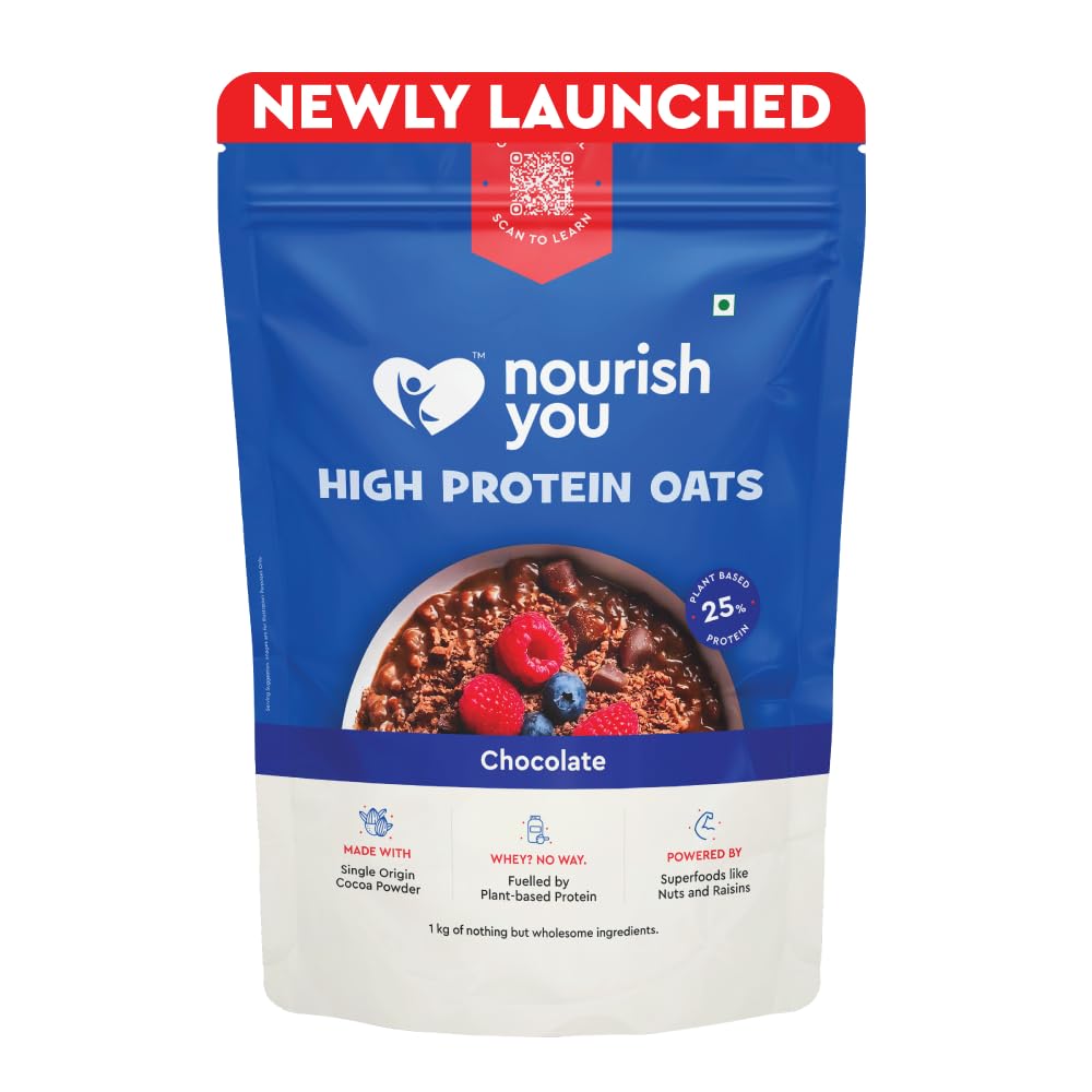 Nourish You 25% High Protein Chocolate Oats -1kg Plant Based Protein | Made with Rolled Oats, Cocoa Powder, Almonds, Raisins & Soy Protein | High Protein Breakfast Cereal | 1kg Pack Nourish You 25% High Protein Chocolate Oats -1kg Plant Based Protein | Made with Rolled Oats, Cocoa Powder, Almonds, Raisins & Soy Protein | High Protein Breakfast Cereal | 1kg Pack