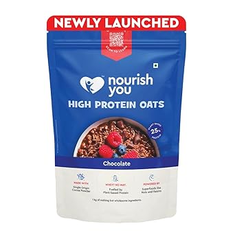 Nourish You 25% High Protein Chocolate Oats -1kg Plant Based Protein | Made with Rolled Oats, Cocoa Powder, Almonds, Raisins & Soy Protein | High Protein Breakfast Cereal | 1kg Pack - image, photos