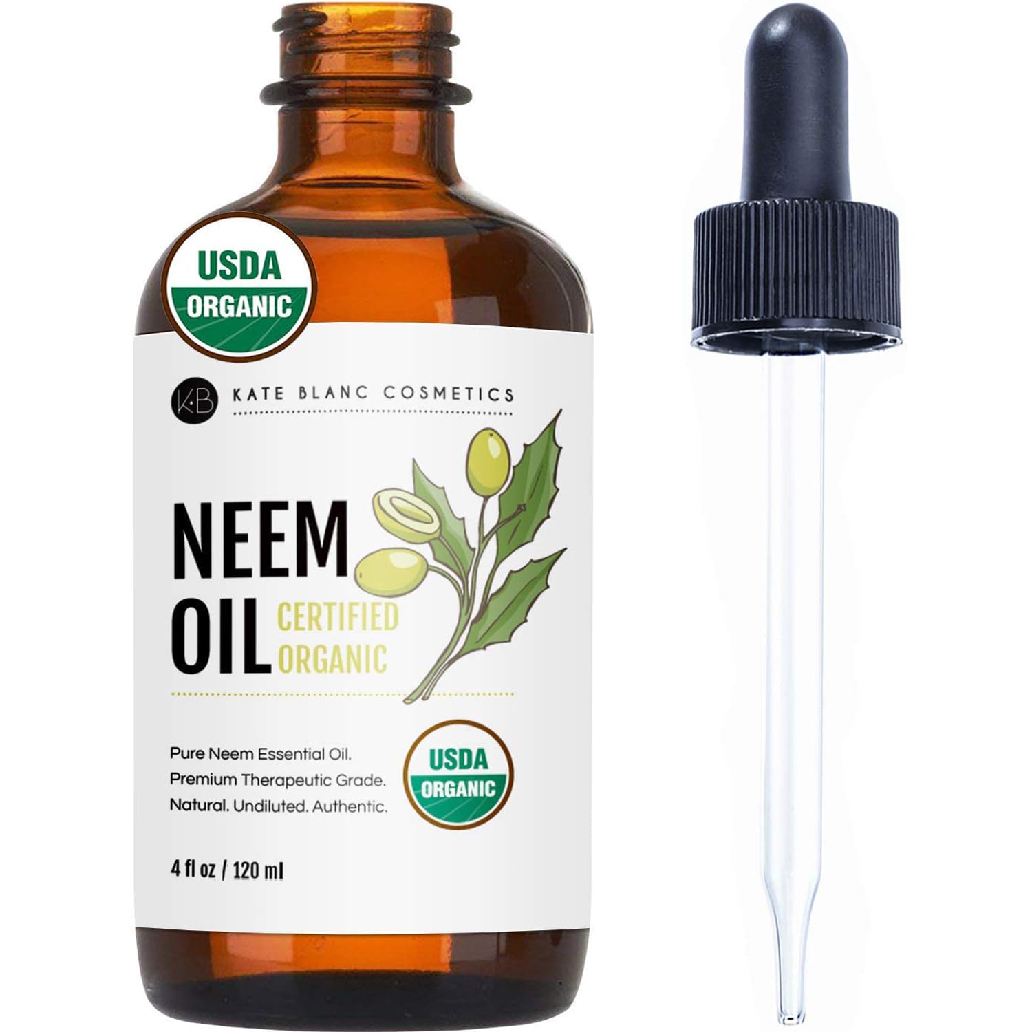 Kate Blanc Cosmetics Neem Oil for Skin, Hair & Face. Safe for Dog, Plants, Scalp (4oz, Organic, Cold Pressed, Concentrate)USDA Organic