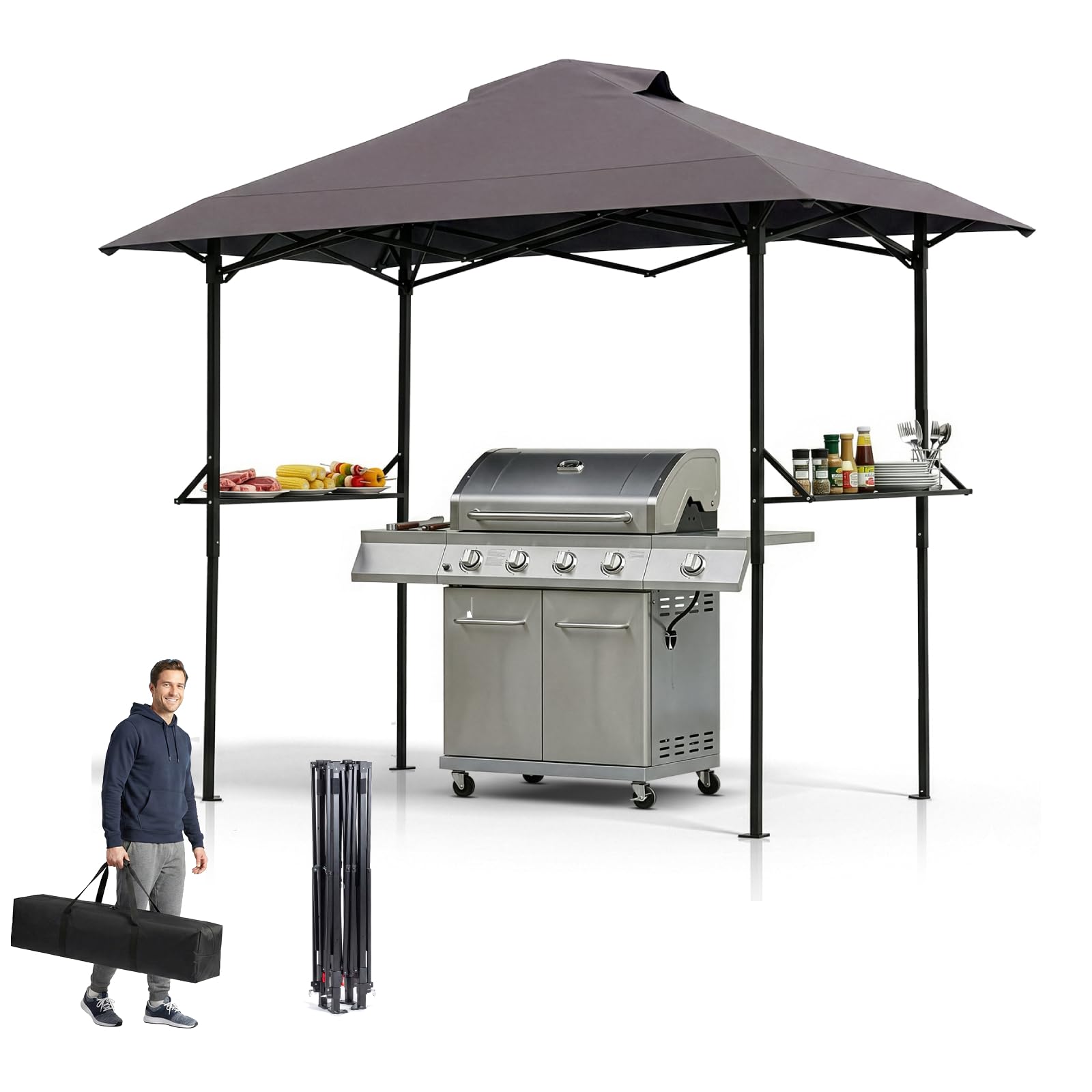 LEADZM Cenador plegable para barbacoa, 255 x 150 x 240 cm, marco de metal resistente, con ventilación, resistente a la intemperie, impermeable, protección solar, resistente al viento, para jardín