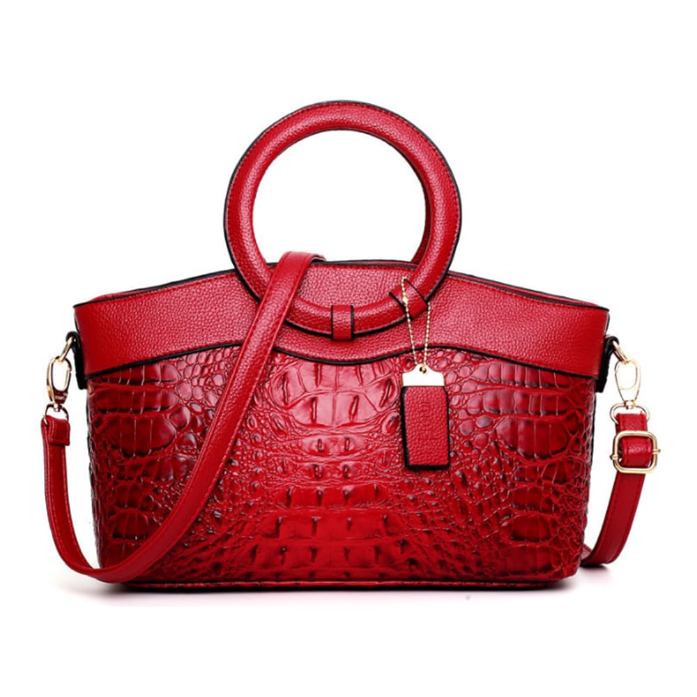 Bolso y bolso de mano de piel sintética con patrón de cocodrilo circular con asa superior para mujer, Red, Talla única
