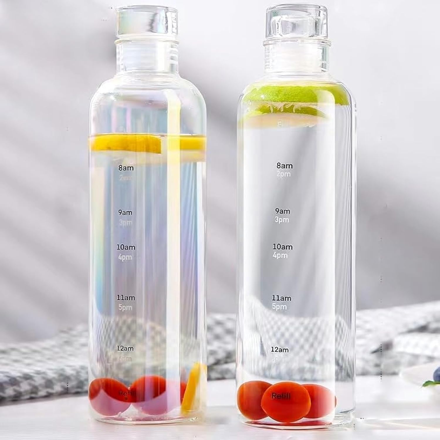 Glass Water Drinking Bottle with Time Marker and Reminder Quotes, Premium Reusable Glass Beverage Bottle, 100% Leakproof, for Juice Outdoor Sport Drink, 500ml (Gray, 2 Pcs)