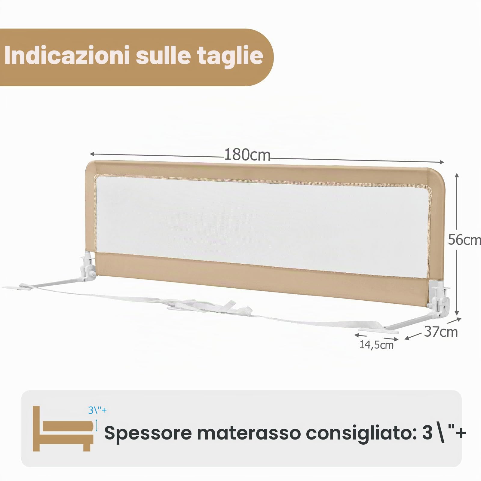 LIFEZEAL Sponda per Lettino Pieghevole 180x56 cm, Sponda di Sicurezza per Bambini con Cinghie, Sponda Letto Rimovibile e Portatile, Morbido Tessuto a Rete Traspirante e Telaio in Acciaio (Beige)