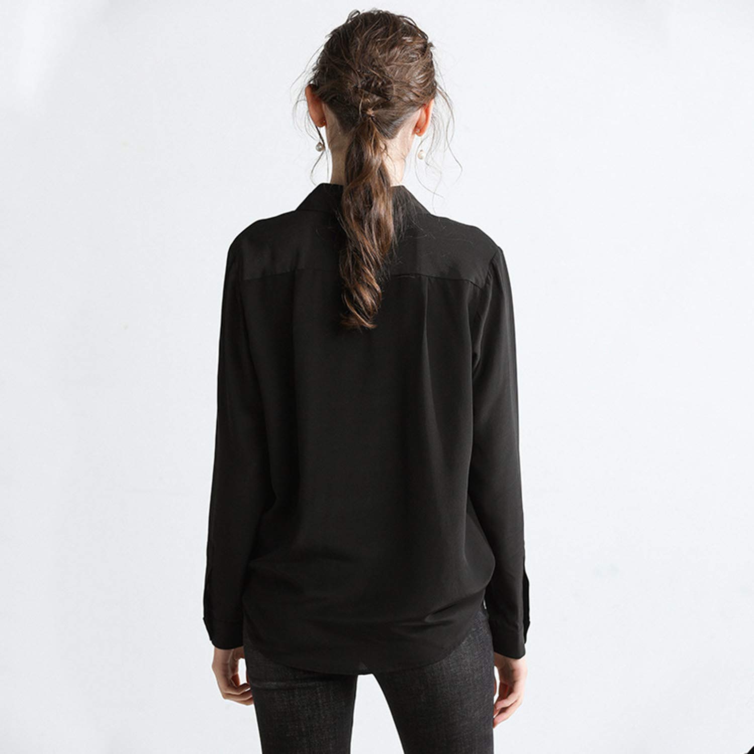 Camicia Chic di Seta Nera, Tuta Basic, Top A Manica Lunga, Blusa da Ufficio