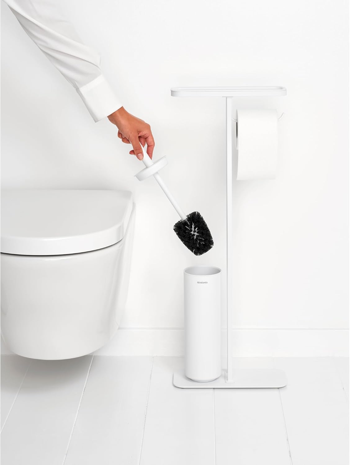 Brabantia Mindset Toilet Butler | Mineral Fresh White | Freestanding All-in-One Bathroom Accessory Set | Toilet Paper Holder Stand, Integrated Shelf & Toilet Brush & Holder | Bathroom Phone Holder