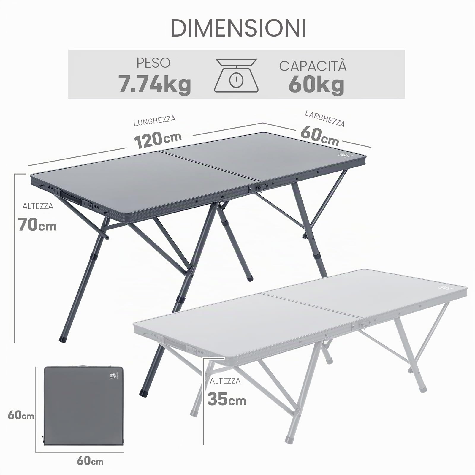 EVER ADVANCED Tavolo da camping pieghevole 120x60cm Tavolo pieghevole XL per 4-6 persone Tavolo pieghevole fino a 60kg con borsa da trasporto Struttura stabile per camping picnic giardino balcone