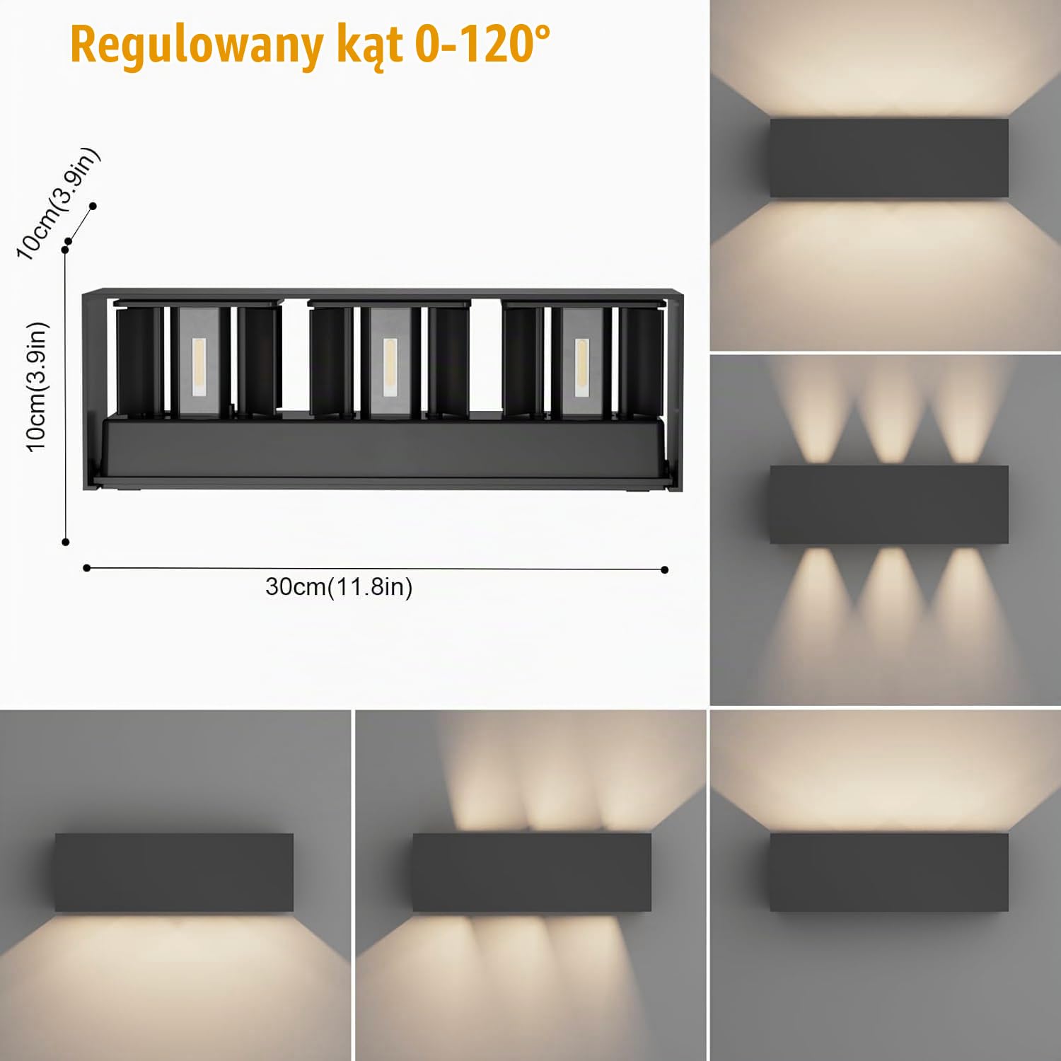 Klighten 30W Zewnętrzna lampa ścienna czarna, Zewnętrzna lampa zewnętrzna ścienna UP Down, IP65, Kinkiety wewnętrzne/zewnętrzne z regulowanym kątem wiązki, do salonu