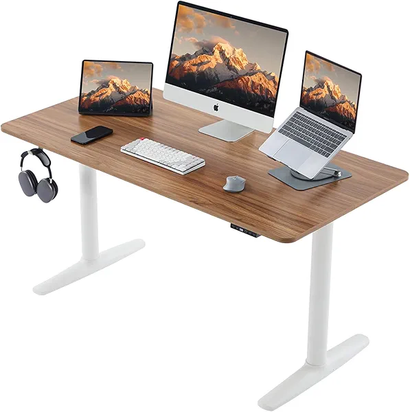 Deroavixe Electric Standing Desk, Height Adjustable Desk with Round Tube Legs, 48 x 24 Inches Memory Sit Stand up Desk, Home Office Workstation (Light Walnut Desktop + White Leg)