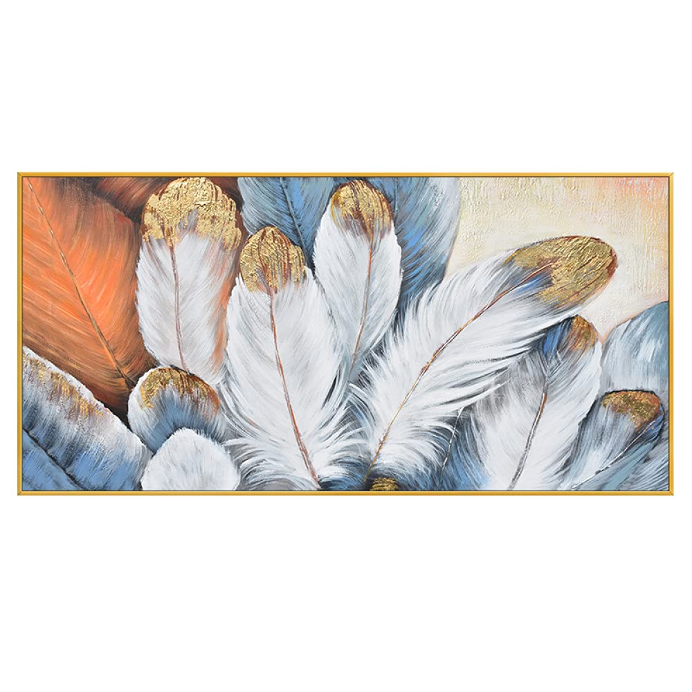 Handgemalte Leinwand Bilder,Abstrakte Kunst Wand Goldfolie Weiße Feder Rechteck Kunstwerk Spachtel Strukturiert Große Größe Rahmenlose Coole Gemälde Wohnkultur Für Studieren Wohnzimmer,60X120C