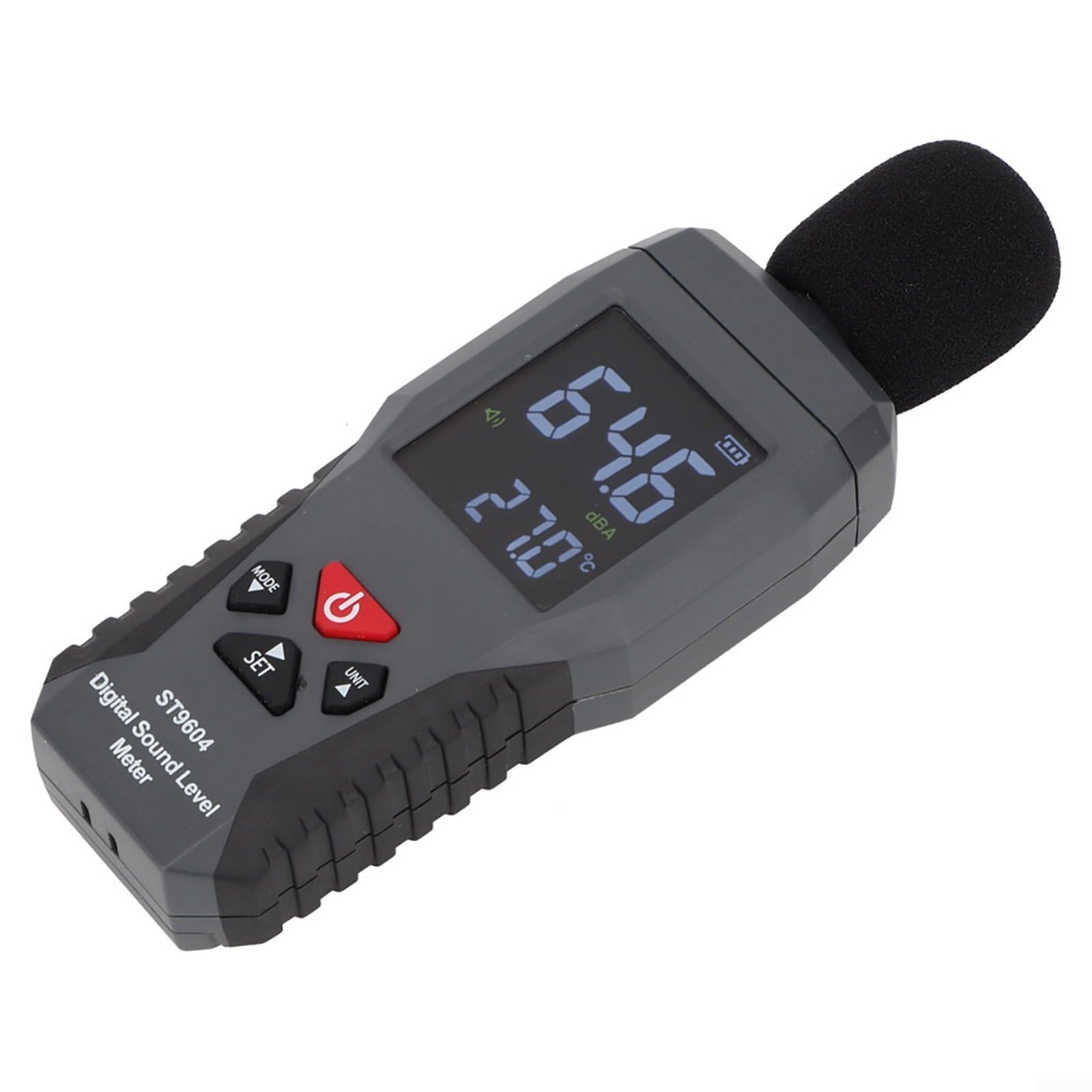ST9604 - Misuratore di livello acustico digitale 30-130dB, misuratore di rumore con display LCD e funzione di temperatura, tester di decibel portatile per ufficio per cantiere