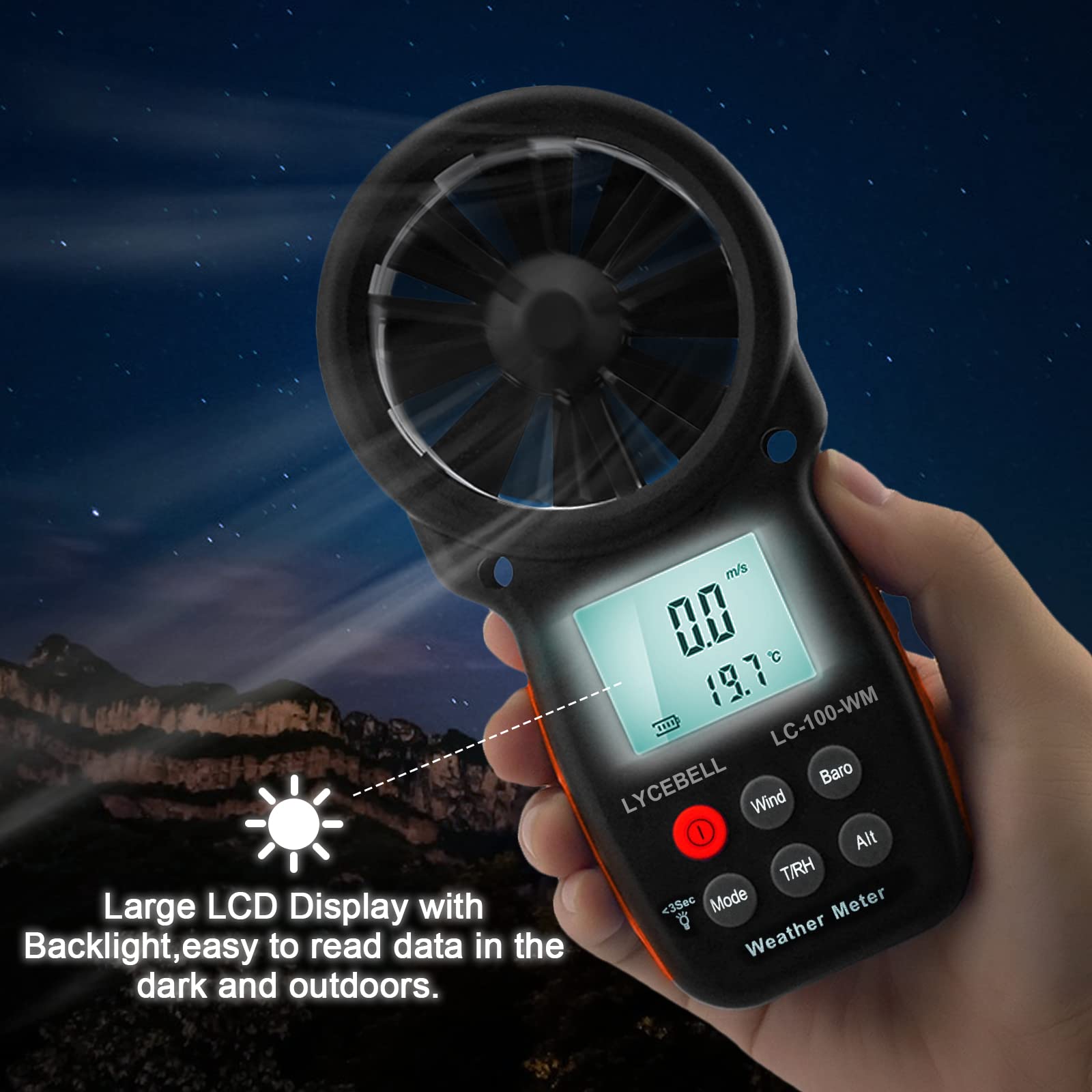 Digital Windmesser, LC-100-WM Handheld Anemometer zur Messung von Windgeschwindigkeit Temperatur Feuchtigkeit Altitude Luftdruck, Windmessgerät für HAVC Windsurfen Segeln Drohne