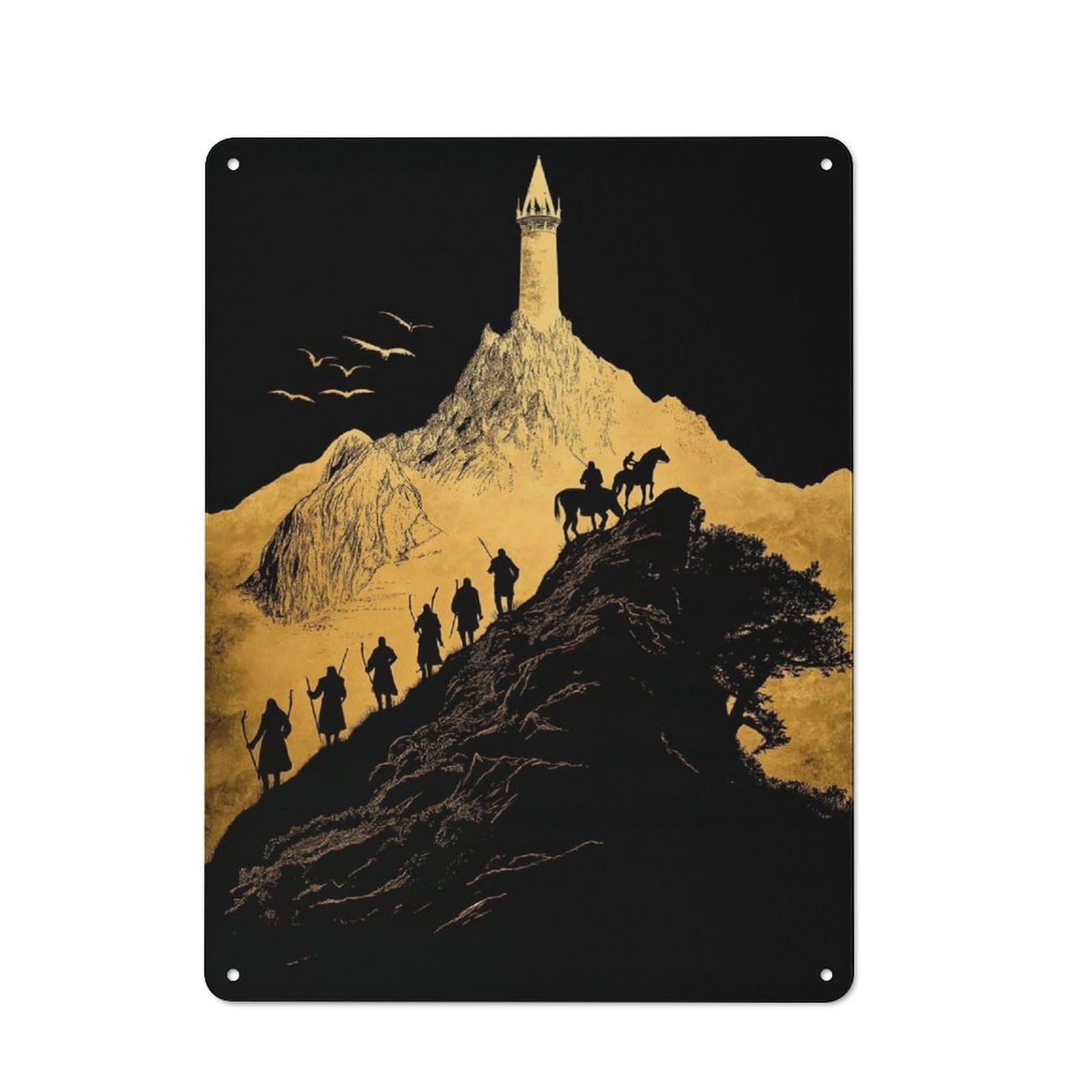 Junmoney Mountain Journey To Tower Silhouette Art Rustic Tin Sign 40X30cm For Living Room Or Hallway, Suited To Living Room Decor Lovers