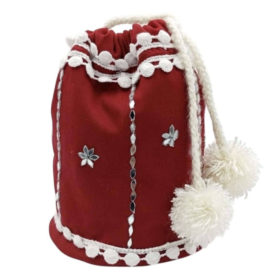 chandre Red Potli Bag with White Pom Pom, Drawstring Closure, Floral Embroidery, Ethnic Style-picture-18