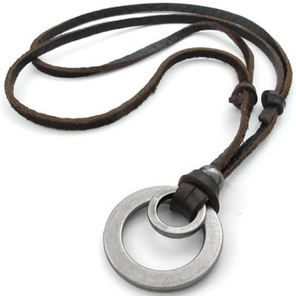 Konov Bijoux Pendentif Collier Homme - Chaîne Cuir (Réglable) - Rétro Anneaux Double - Alliage - pour Homme et Femme - Couleur Marron Argent - Avec Sac Cadeau - F22685
