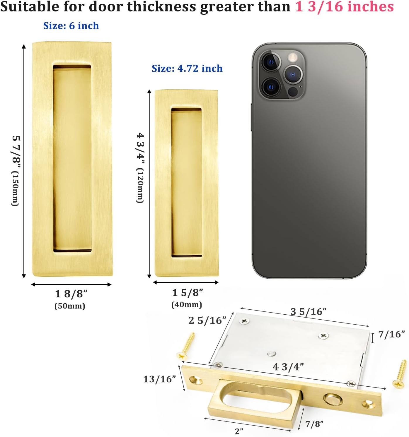 Dontay Sliding Pocket Door Handles, 304 Stainless Steel Non Locking Pocket Door Hardware, Recessed Flush Finger Pulls, Heavy Duty Edge Pull with Pop Out Ring Pull (Satin Brass (2 Set), 4.72 Inch)