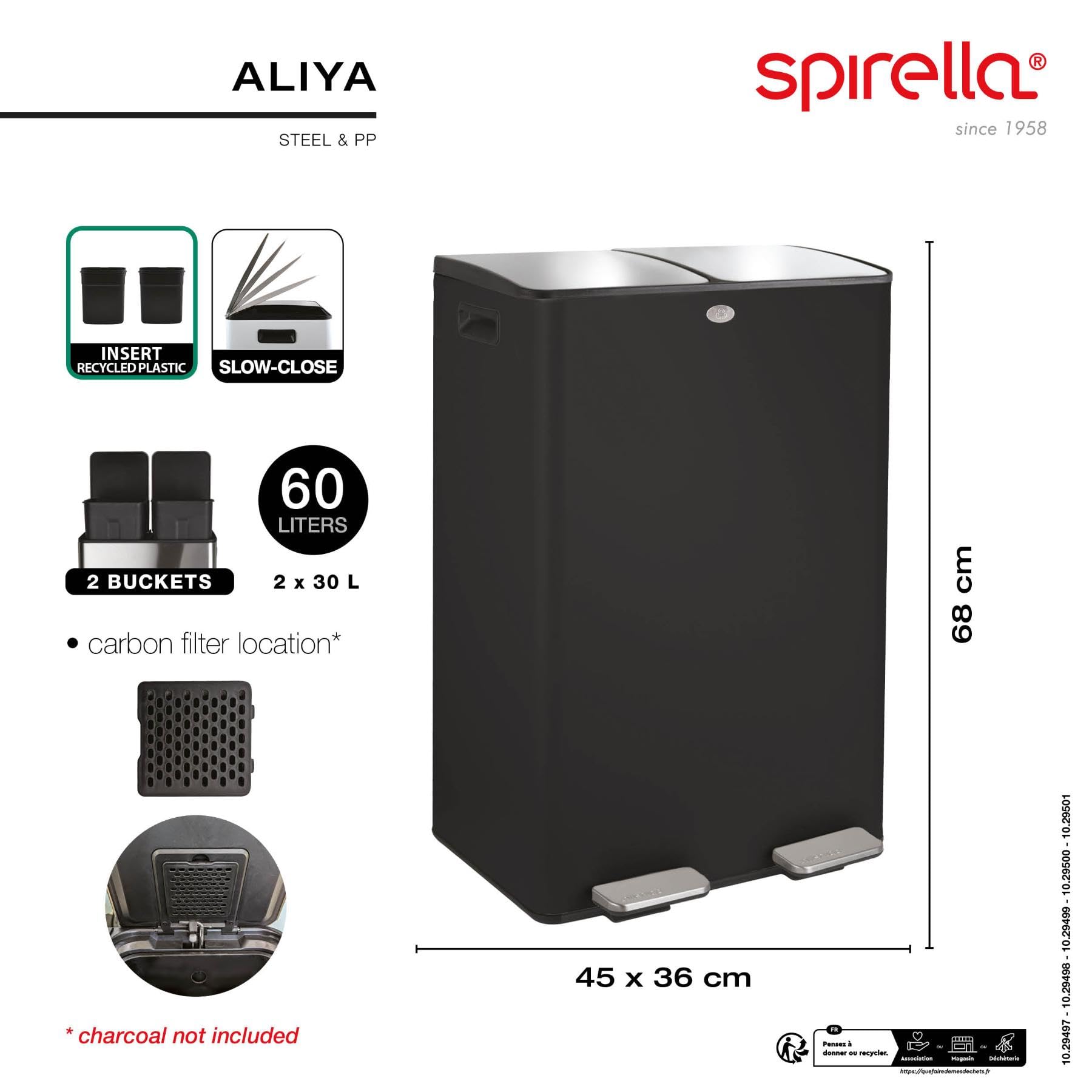 Spirella - Contenedor de reciclaje de cocina con pedal de 60 l (2 x 30 l) - Modelo Aliya - Acero inoxidable cepillado - Tapa de cierre suave - Cubos extraíbles - Asas laterales - Blanco mate