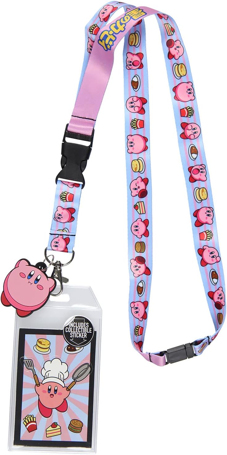 Kirby Pink Hero Reversible ID Lanyard Badge Holder with Rubber Kirby Charm and Collectible Sticker