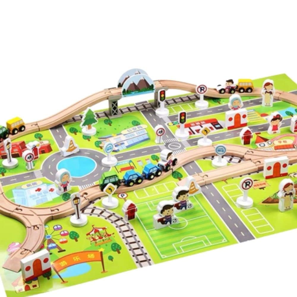HAPPY HUES® Wooden Track Car Bridge Toy Set with Puzzle Playmat with Scenic Accessories| Toys for Boys Girls- 3+ Years (Urban City 80 PCS)