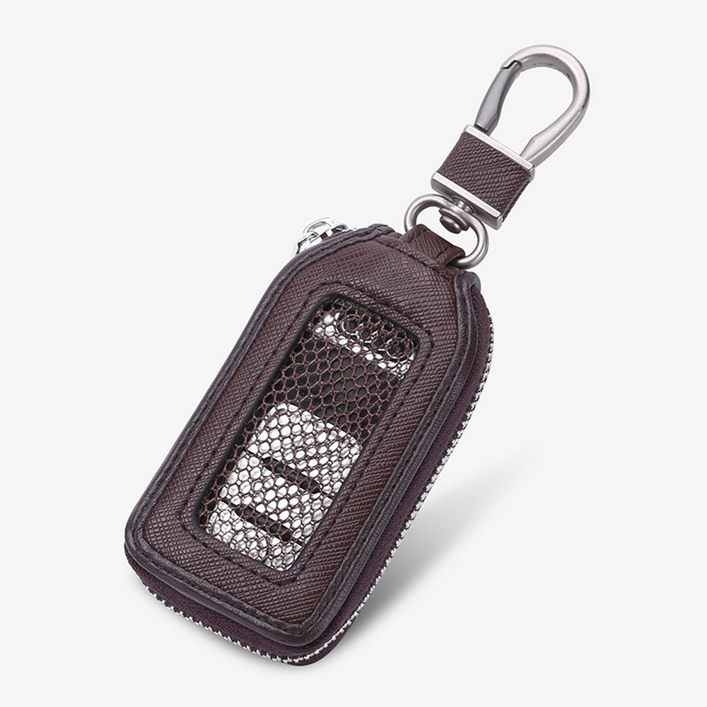 Car Key Chain Cover Premium Leather Key Chain Coin Holder Keyring Hook Wallet Zipper Case Remote Smart Key Fob Alarm Security (Brown)