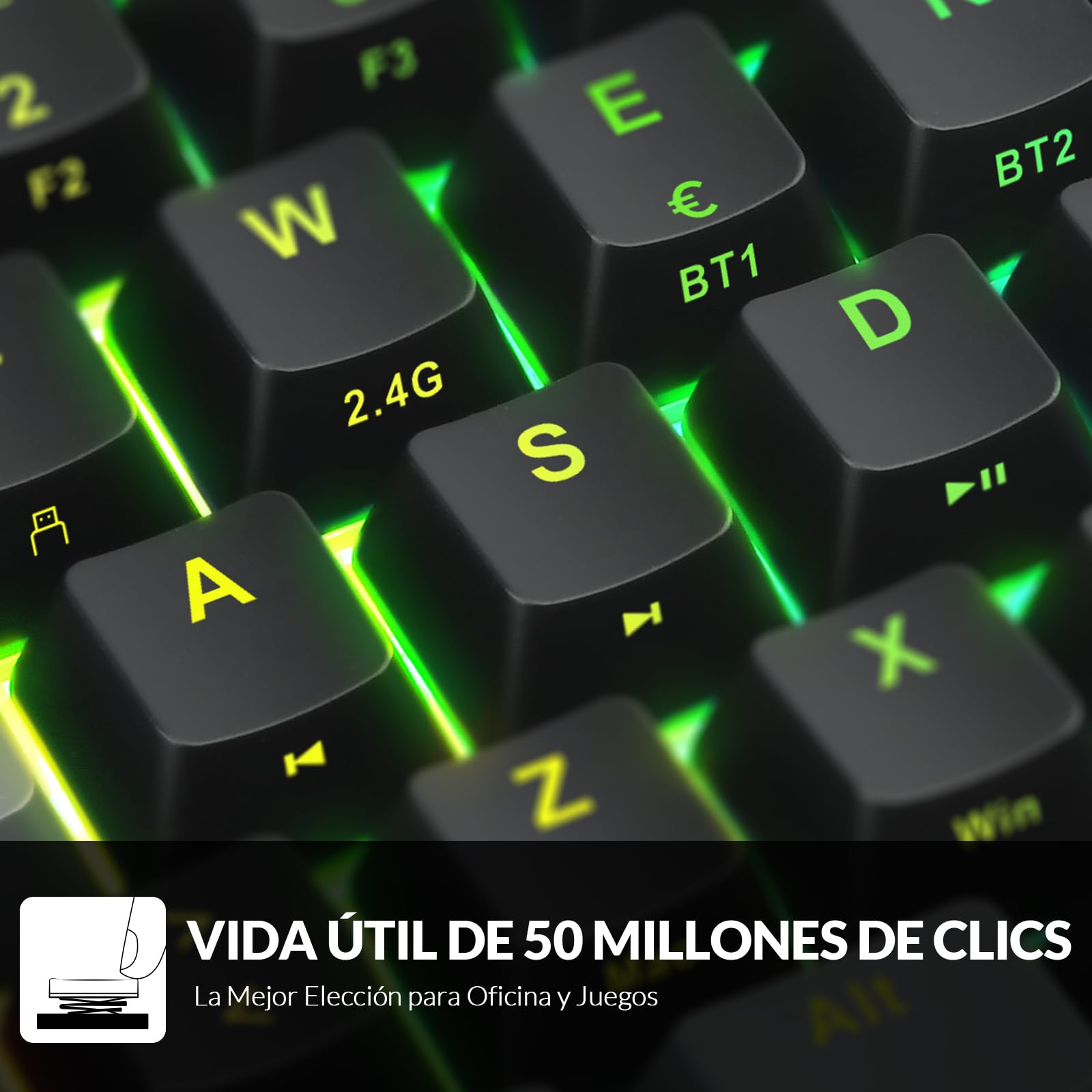 Rii RK802 Teclado Gaming Mecánico, 3 Modos de Conectividad, Retroiluminación RGB, 60% Layout Español (Interruptores Rojos)