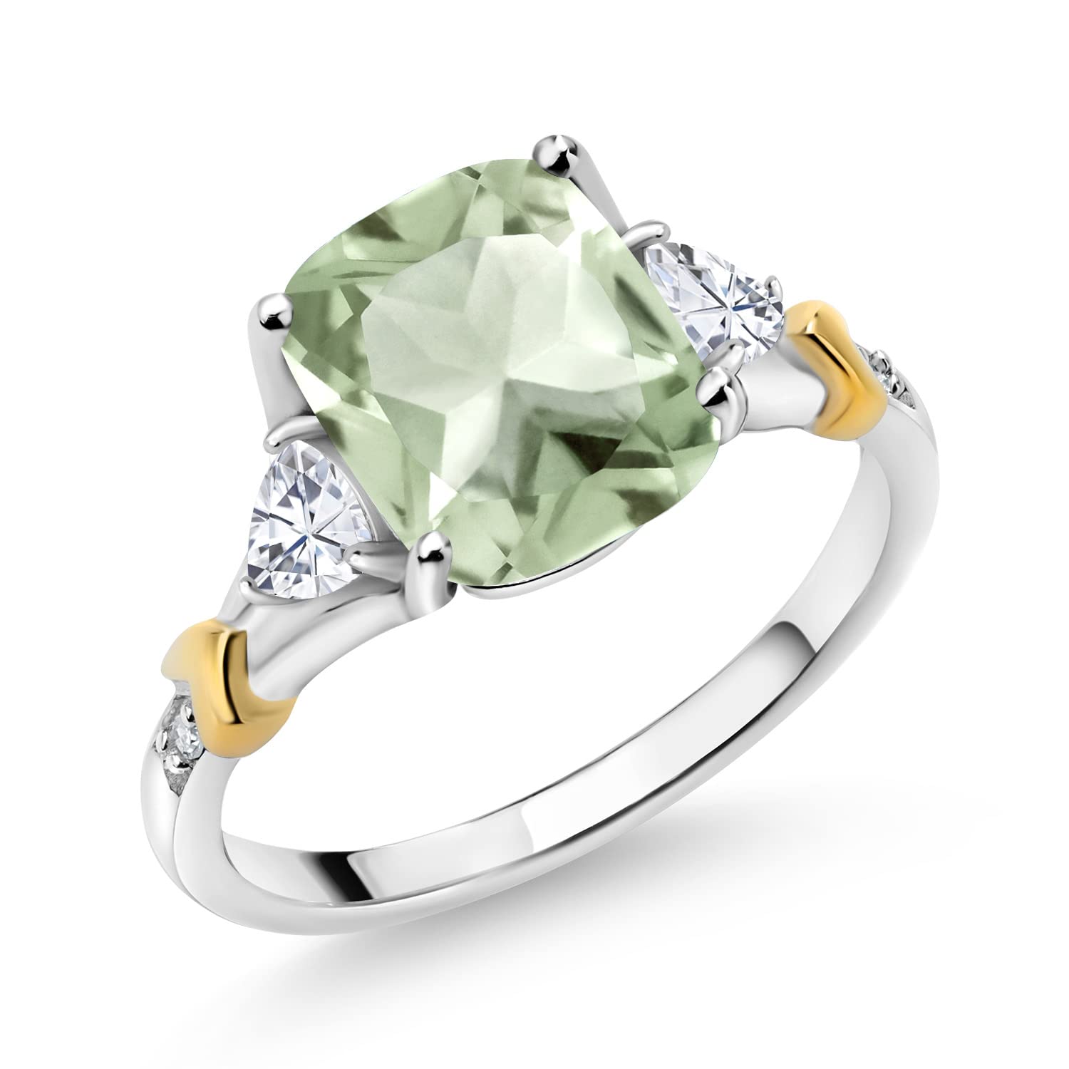 Gem Stone King 925 Silver and 10K Yellow Gold Green Prasiolite White Moissanite and Diamond Women Ring (2.93 Cttw, Cushion 10X8MM, Available In Size 5, 6, 7, 8, 9)