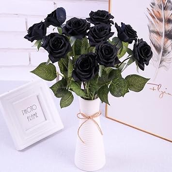 Corkwaw 8 Pcs Artificial Silk Flowers Realistic Roses Long stem Fake Roses in Bulk for Table Centerpieces Arrangement and Bridal Wedding Festival Decor Flower Arrangement (Black)
