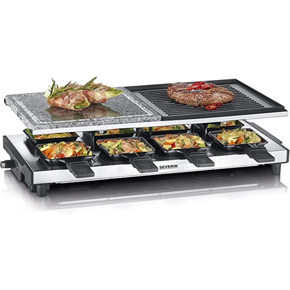 SEVERIN Raclette-Grill mit Naturgrillstein und Grillplatte, Raclette mit antihaftbeschichteter Grillplatte, Tischgrill für 8 Personen, max. 1.700 W, Edelstahl / schwarz, RG 2373