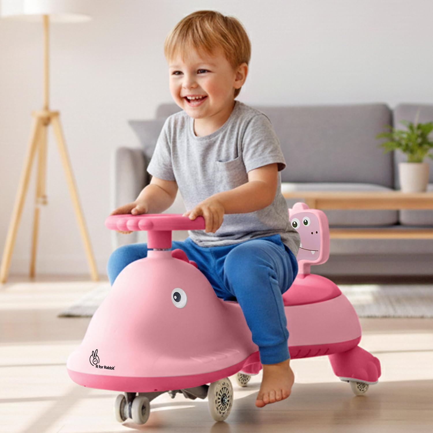 R for Rabbit Iya Iya Dino Kids Swing Car, Twister Panda Car with PU LED Wheels ABEC 7 Bearing with Music, Push Ride on for 3+ Years Baby Boy Girl, 100 Kgs Weight Capacity (Blush Pink)