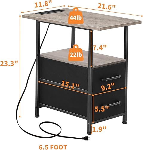 Miniatura 2 de Mesa auxiliar estrecha con luz LED y puerto USB C, juego de 2 mesas de noche con estación de carga, mesa auxiliar pequeña con 2 cajones de tela,