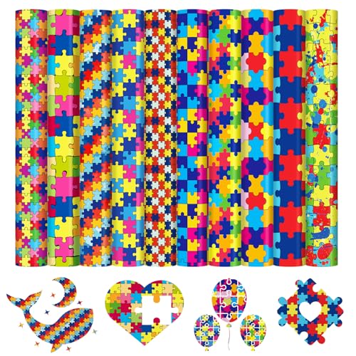 HTVRONT Puzzle HTV Heat Transfer Vinyl - 11 Sheets 12"x10" Autism Awareness Puzzles Iron on Vinyl for T Shirts, Rainbow Jigsaw Pattern HTV for All Cutting Machines - Easy to Cut & Weed