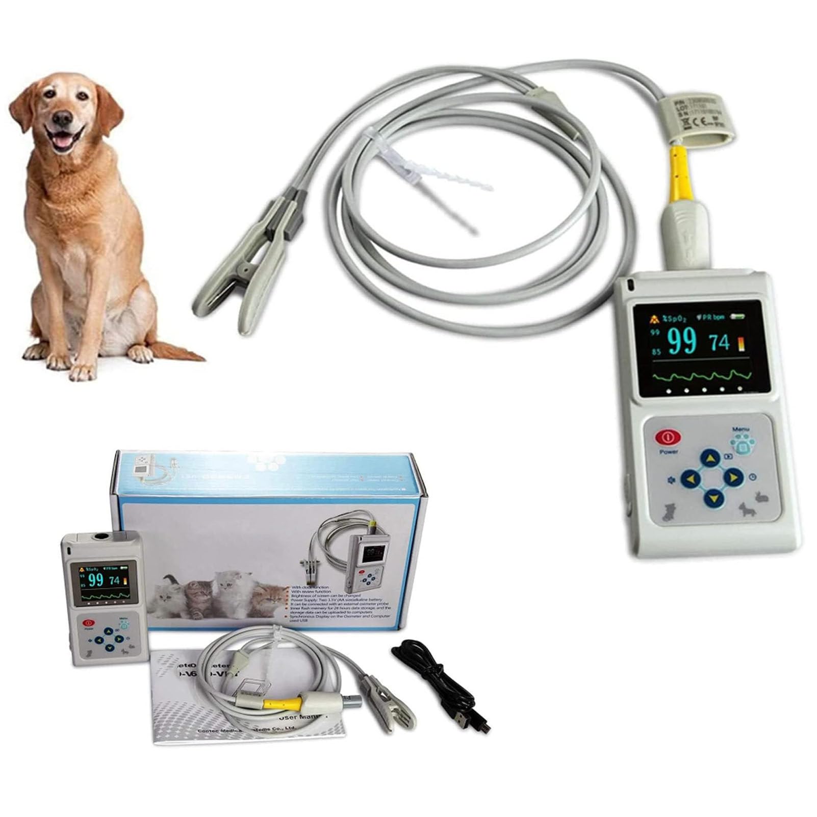 Máquina Veterinaria, pulsómetro portátil Veterinario, saturación de oxígeno en Sangre y frecuencia cardíaca, sonda Lingual para Mascotas, Animales, Gatos y Perros con sonda Lingual