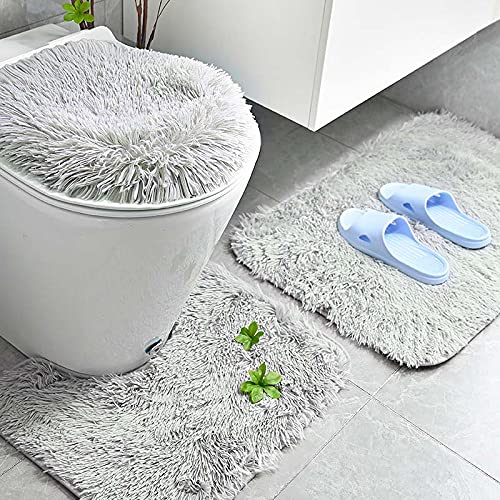 ERNZI Einfarbiges Badezimmerteppich-Set,3-teilig,weich,saugfähig,rutschfest,Badematte,Teppiche und Toilettendeckelbezug,waschbar,hellgrau – Bild 3