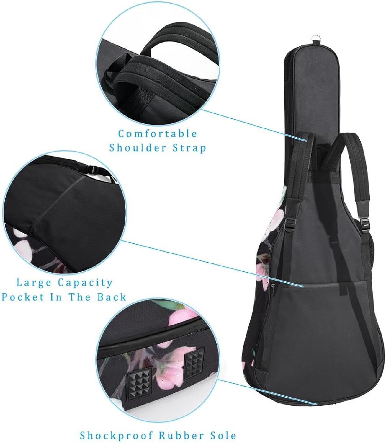 Artistic Cherry Blossoms Guitar Bag 40 41 42 In 2 Pockets Guitar Case Waterproof Guitar Case Resistent Oxford Cloth 0.4 In Extra Thick Sponge Padded for Acoustic Guitar
