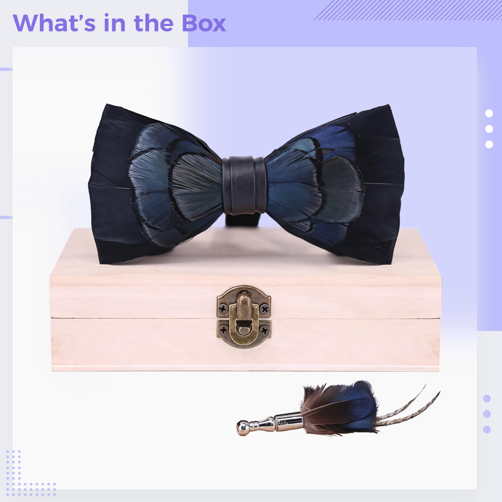 Juego de pajarita de plumas azules hechas a mano con pin de solapa, plumas de faisán para bodas y eventos formales, para novios y padrinos de boda, incluye caja de regalo de madera, Pluma, Sin gemas.