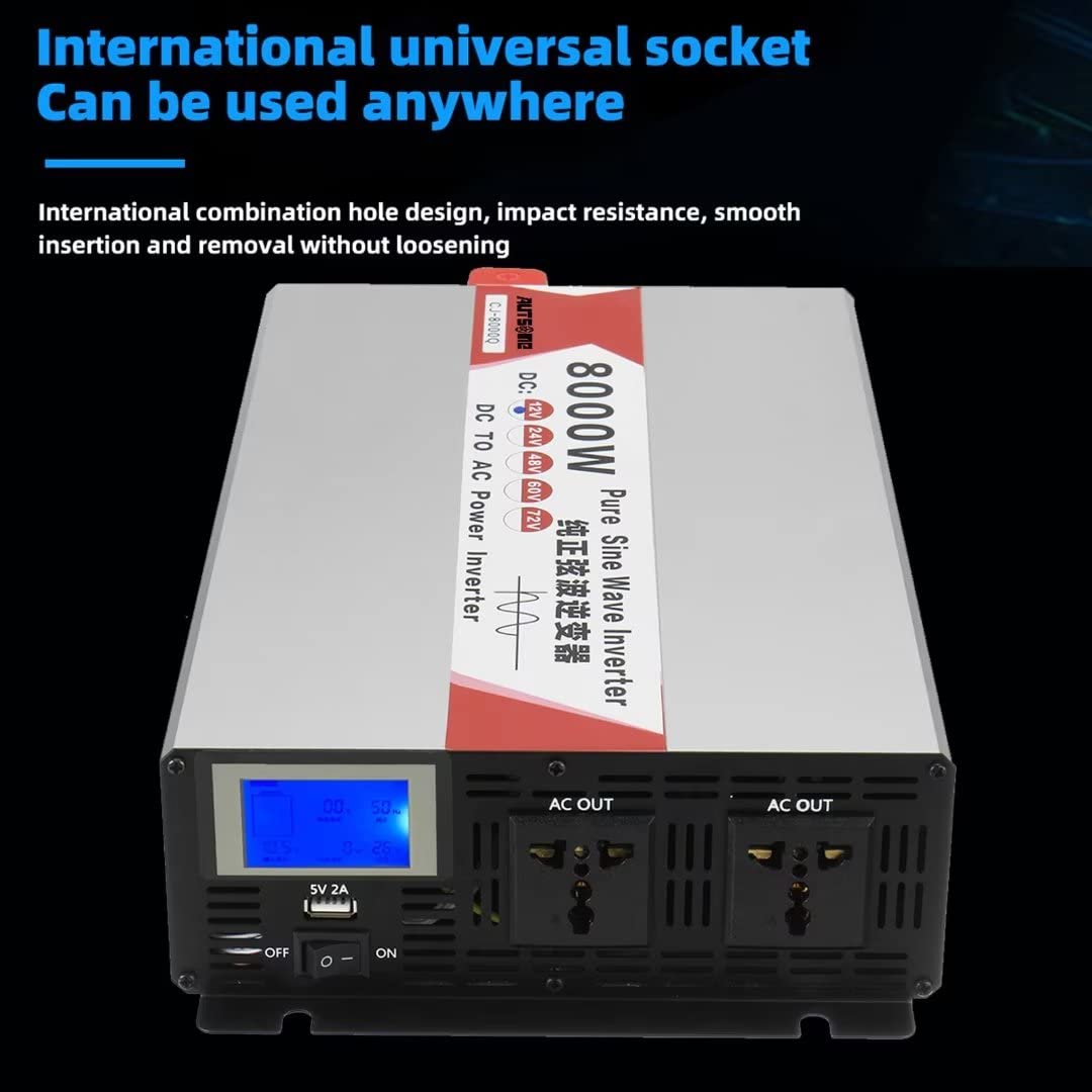 8000W Max Power Inverter DC 12v/24V/48V/60V a AC 220v Car Power Inverter 2 Universal Socket + Smart Color Screen Pure Sine Wave Power Inverter (6000W, 60V-220V)